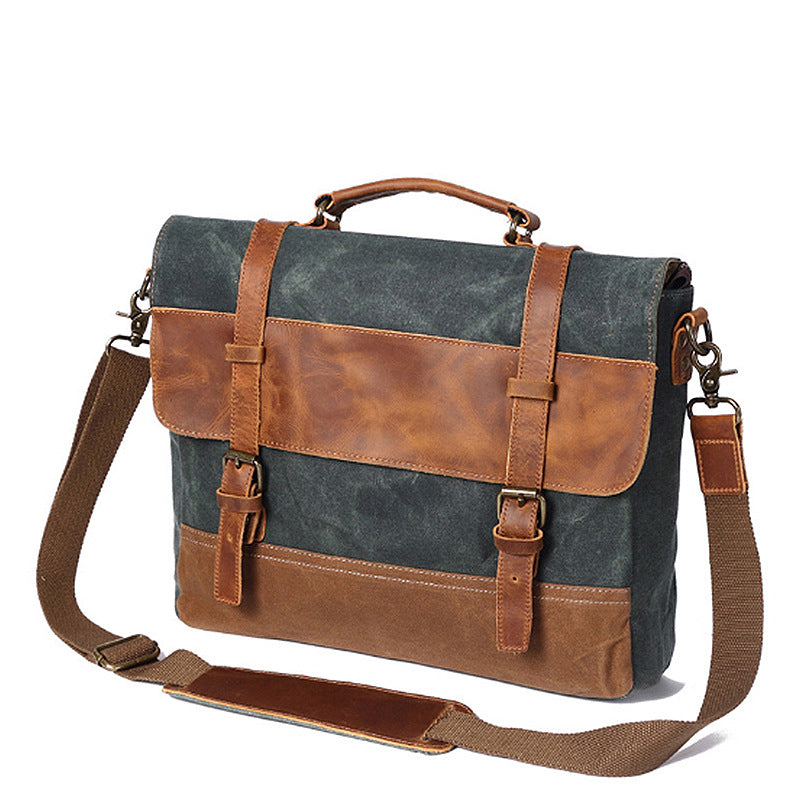 Handmade Waxed Canvas Leather Briefcase, Canvas Mens Messenger Laptop Bag, Retro Satchel Bag RockCow Leather Studio