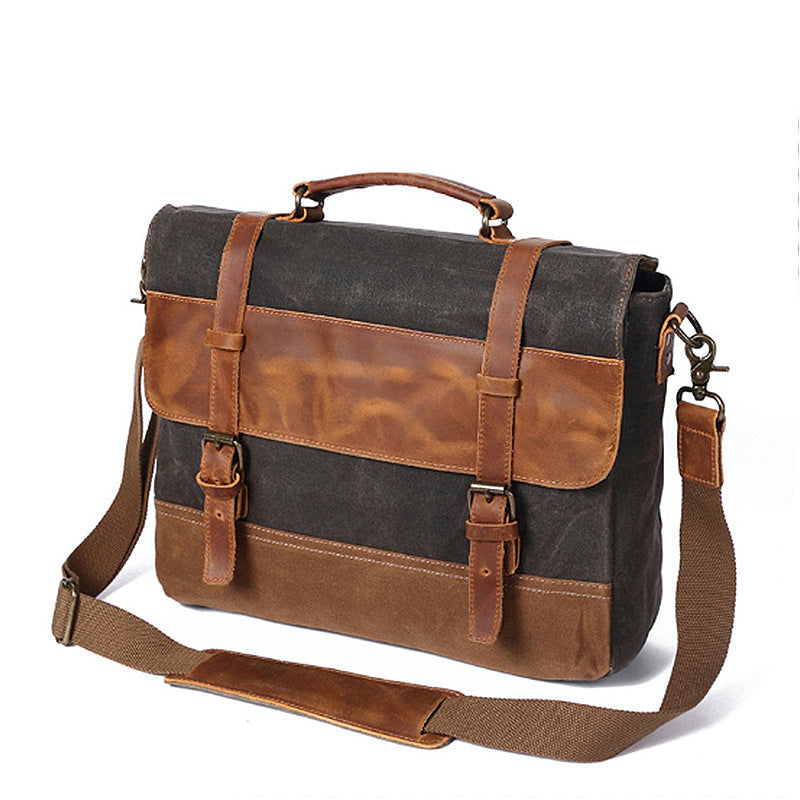 Handmade Waxed Canvas Leather Briefcase, Canvas Mens Messenger Laptop Bag, Retro Satchel Bag RockCow Leather Studio