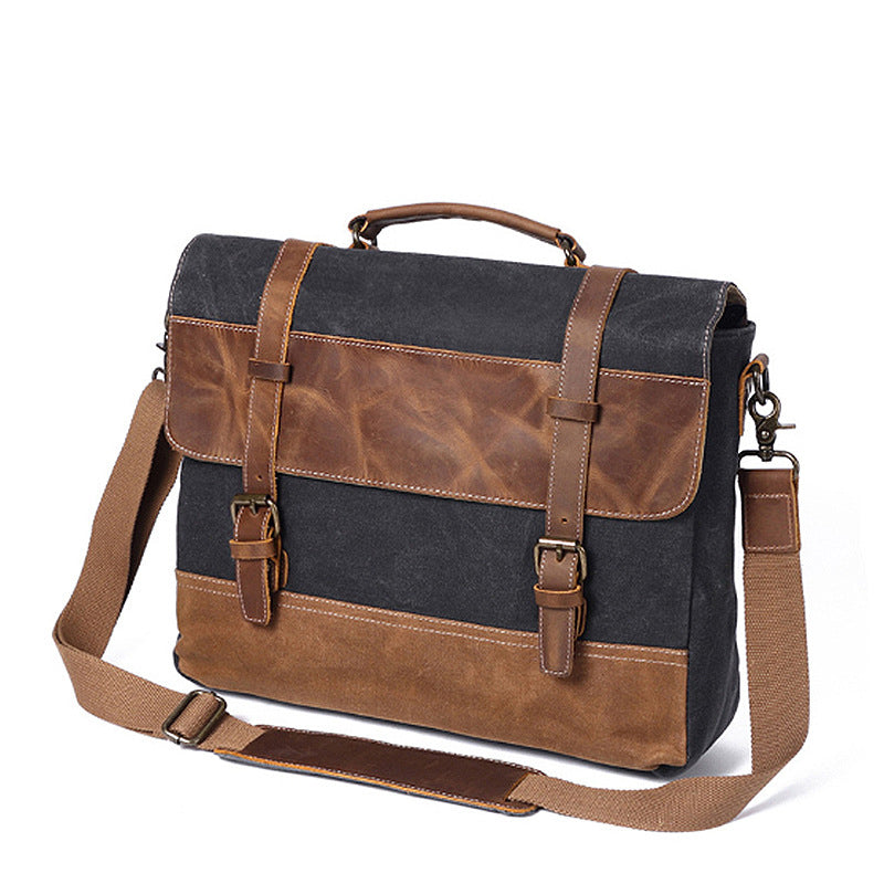 Handmade Waxed Canvas Leather Briefcase, Canvas Mens Messenger Laptop Bag, Retro Satchel Bag RockCow Leather Studio