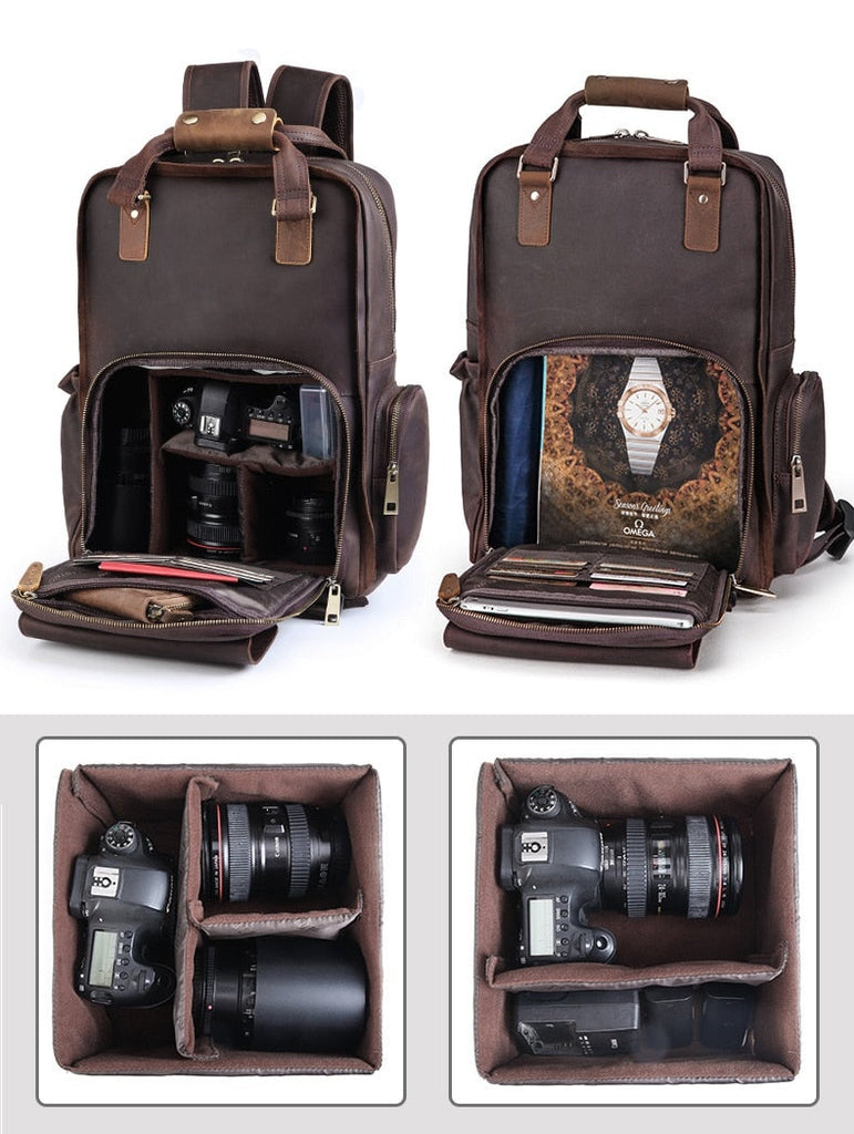 The Gaetano | Large Leather Backpack Camera Bag with Tripod Holder STEEL HORSE LEATHER