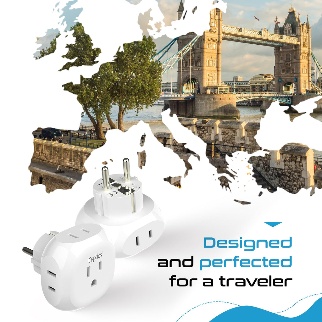 European Schuko Travel Plug Adapter - 4 in 1 - Ultra Compact - Light Weight (PT-9) Ceptics