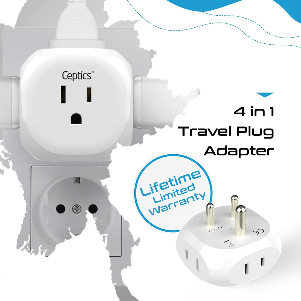 India, Pakistan Travel Plug Adapter - 4 in 1 - Ultra Compact - Light Weight (PT-10) Ceptics