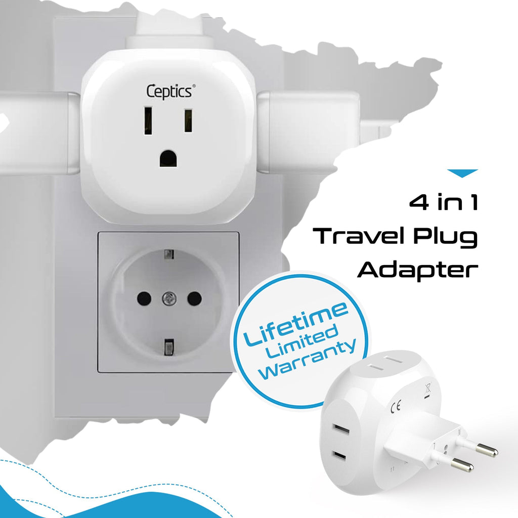 Europe Travel Adapter Set- 4 in 1 - Ultra Compact - Light Weight (PT-9C-7-4PK) Ceptics