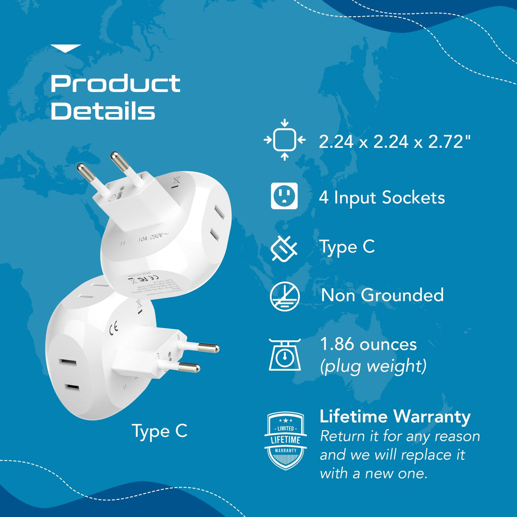 European Travel Plug Adapter - 4 in 1 - Ultra Compact - Light Weight (PT-9C) Ceptics