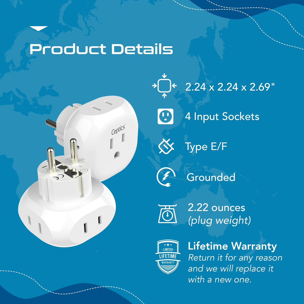 European Schuko Travel Plug Adapter - 4 in 1 - Ultra Compact - Light Weight (PT-9) Ceptics