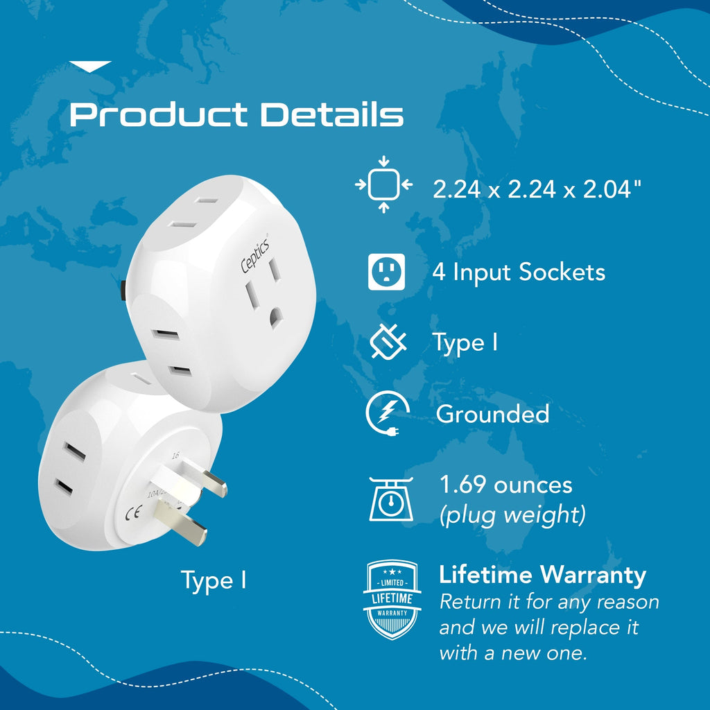 Australia, New Zealand, China Travel Plug Adapter - 4 in 1 - Ultra Compact - Light Weight (PT-16) Ceptics
