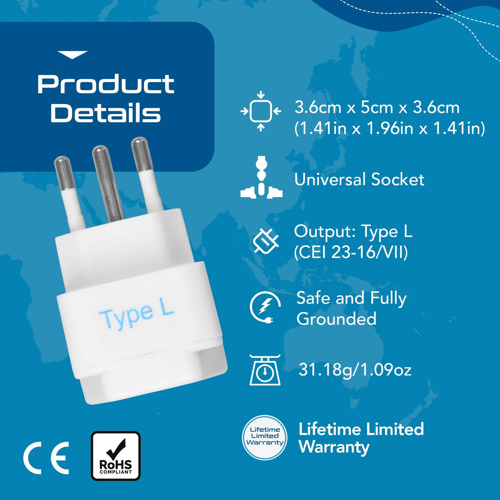 Italy Travel Adapter - Type L - 3 Pack (GP-12A) Ceptics