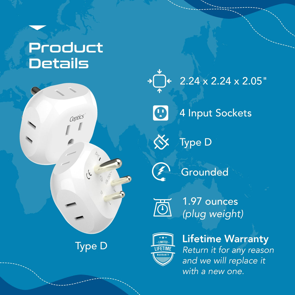 India, Pakistan Travel Plug Adapter - 4 in 1 - Ultra Compact - Light Weight (PT-10) Ceptics