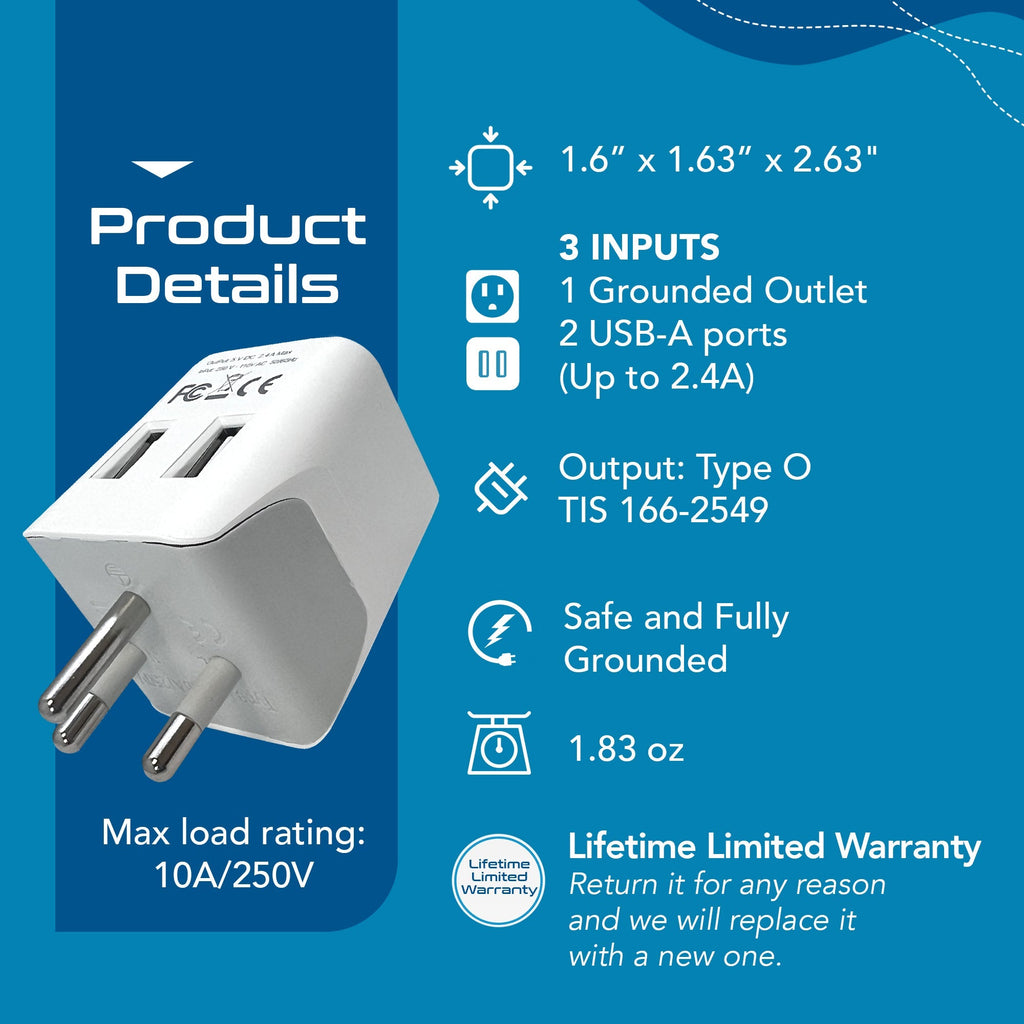 Thailand Travel Adapter - Type O - Dual USB (CTU-18) Ceptics