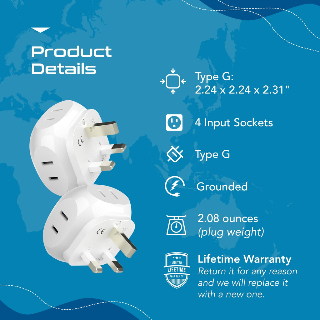 UK, Ireland Travel Plug Adapter - 4 in 1 - Ultra Compact - Light Weight (PT-7) Ceptics
