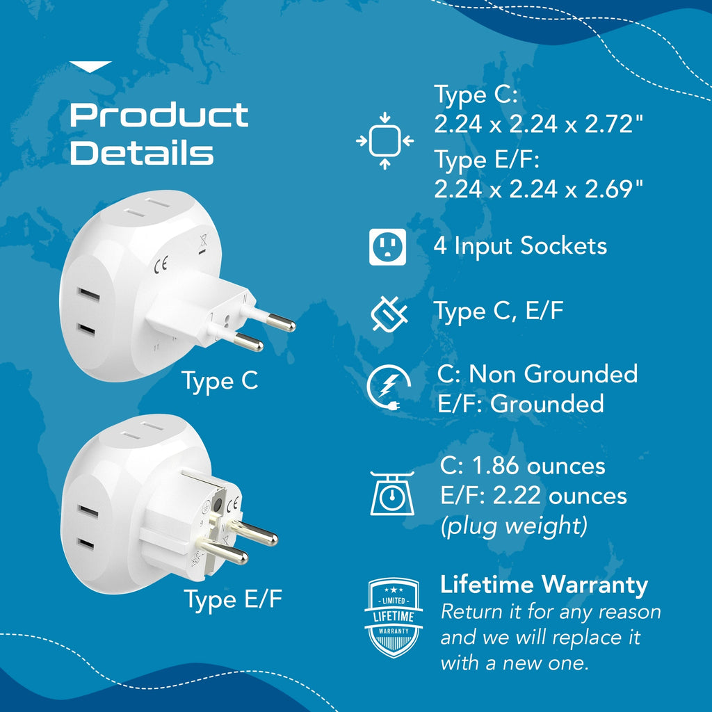 European Travel Adapter Set- 4 in 1 - Ultra Compact - Light Weight (PT-9-9C-4PK) Ceptics