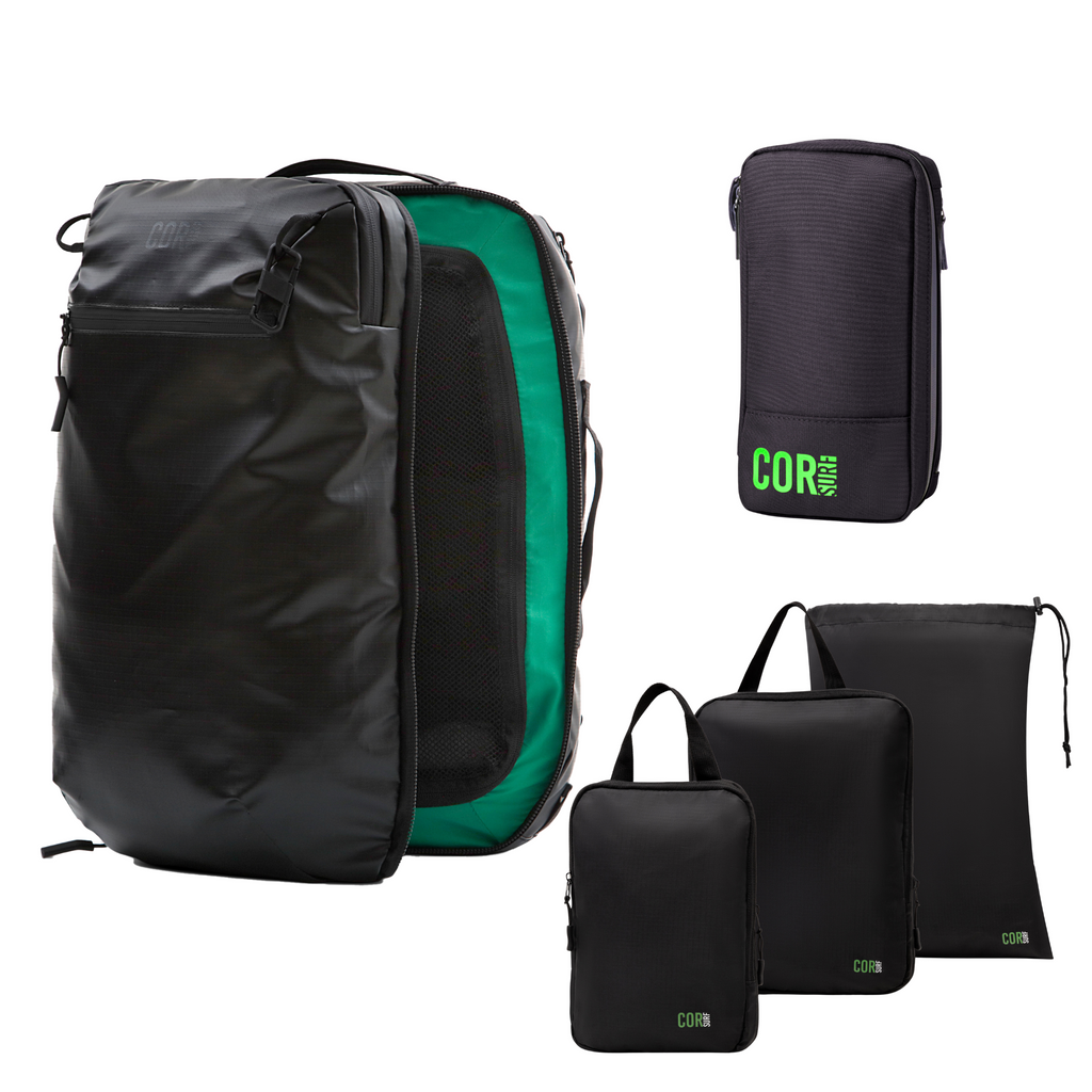 Island Hopper Travel Bundle - Backpack + Toiletry Bag + Compression Packing Cubes with YKK COR Surf