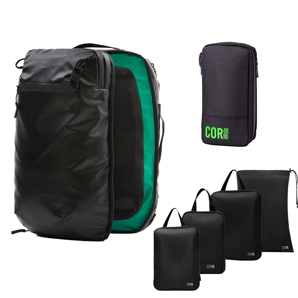Island Hopper Travel Bundle - Backpack + Toiletry Bag + Compression Packing Cubes with YKK COR Surf