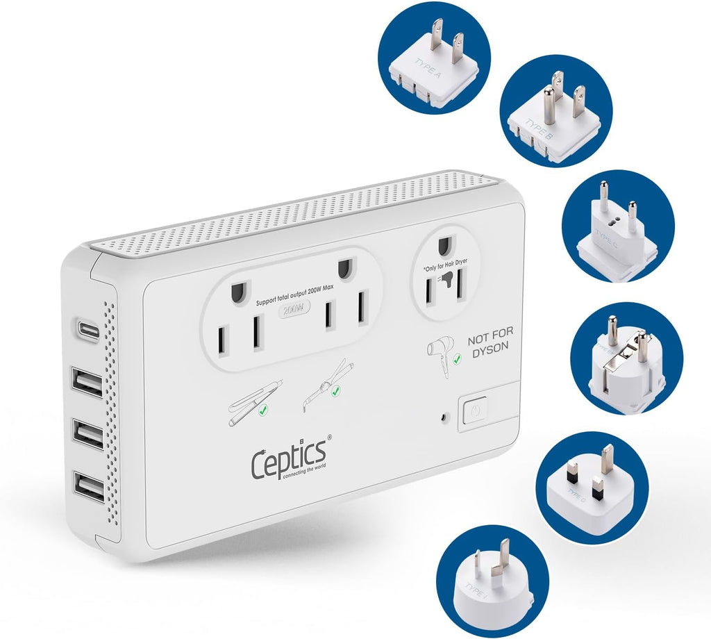 200W/2000W Step Down Converter – 2x 200W, 1x 2000W outlets & 3x USB-A + 1x USB-C – AC 220-240V to 110V-120V Travel Voltage Converter - (LX-C2000) Ceptics