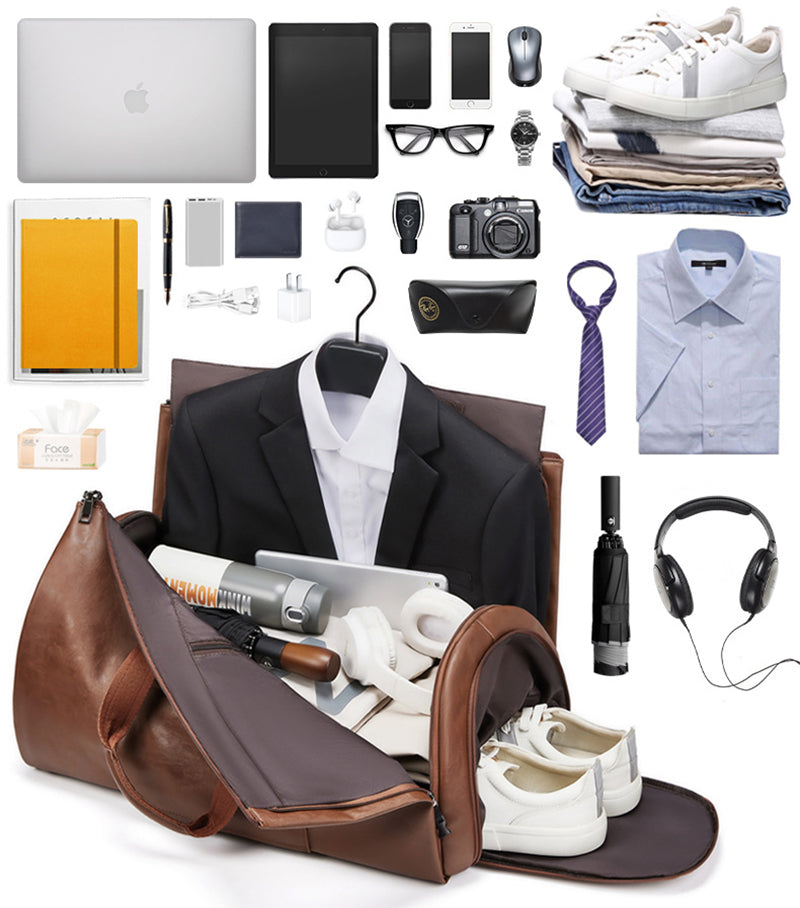 Leather Garment Duffel Bag with Shoe Pouch Waterproof Leather Weekender Bag Hanging Clothes Bag Large Overnight Bag RockCow Leather Studio