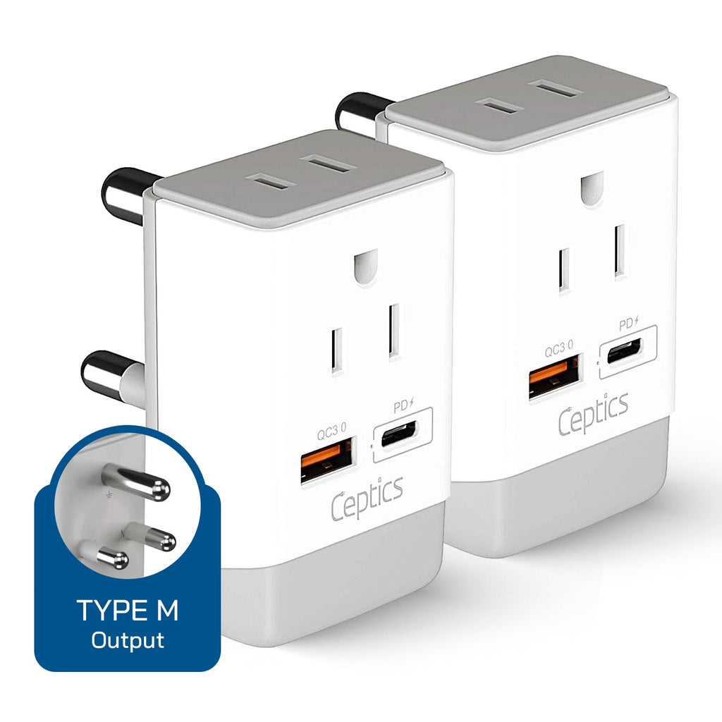 South Africa Travel Adapter | Type M - USB-A & USB-C Ports + 2 USA Outlet (AP-10L) Ceptics