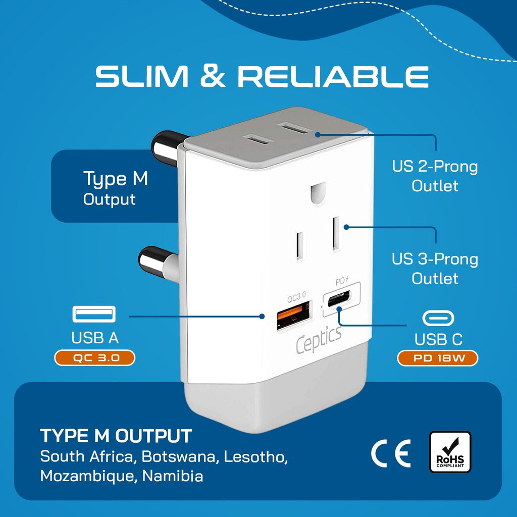 South Africa Travel Adapter | Type M - USB-A & USB-C Ports + 2 USA Outlet (AP-10L) Ceptics