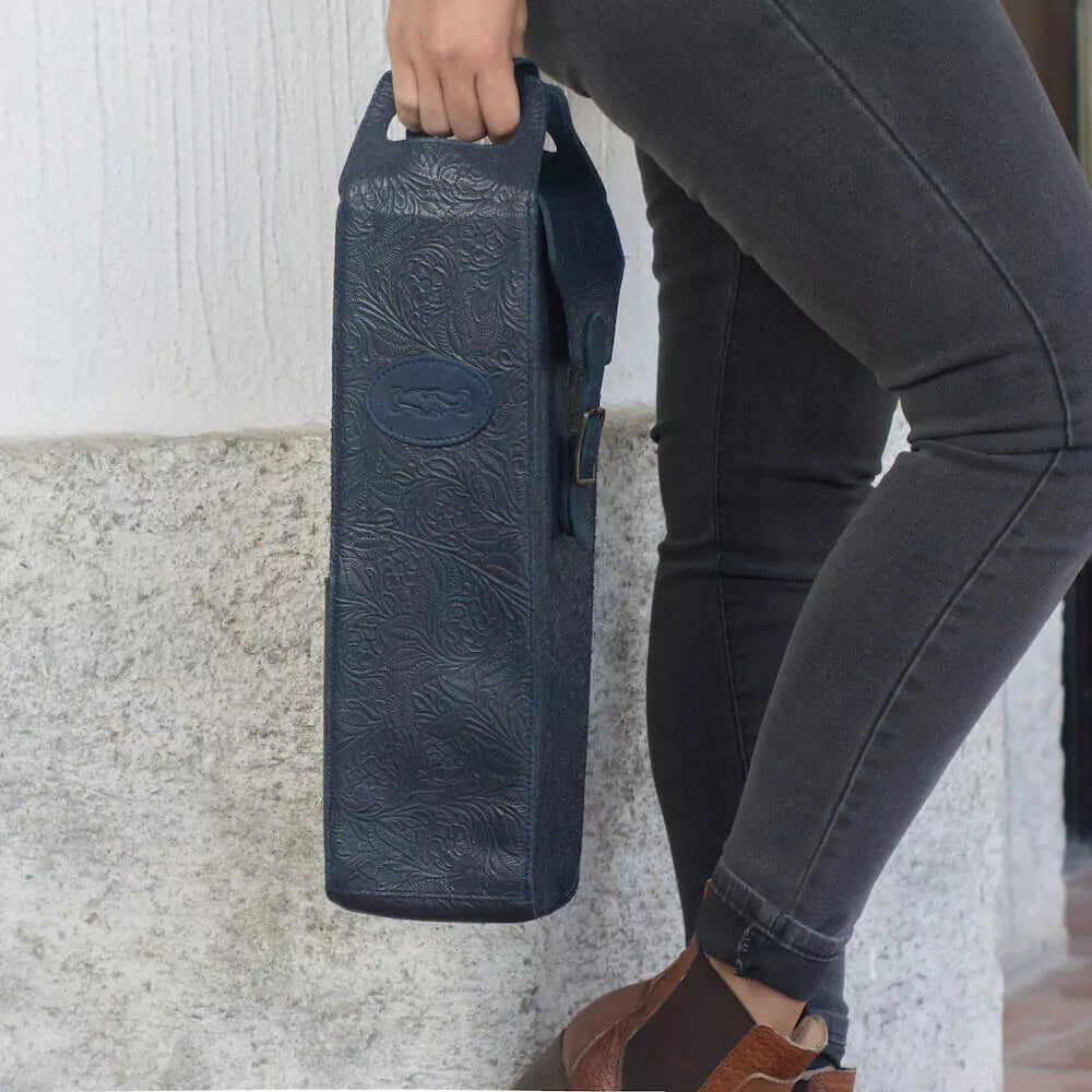 Tooled Leather Single Bottle Wine Carrier Mission Mercantile Leather Goods