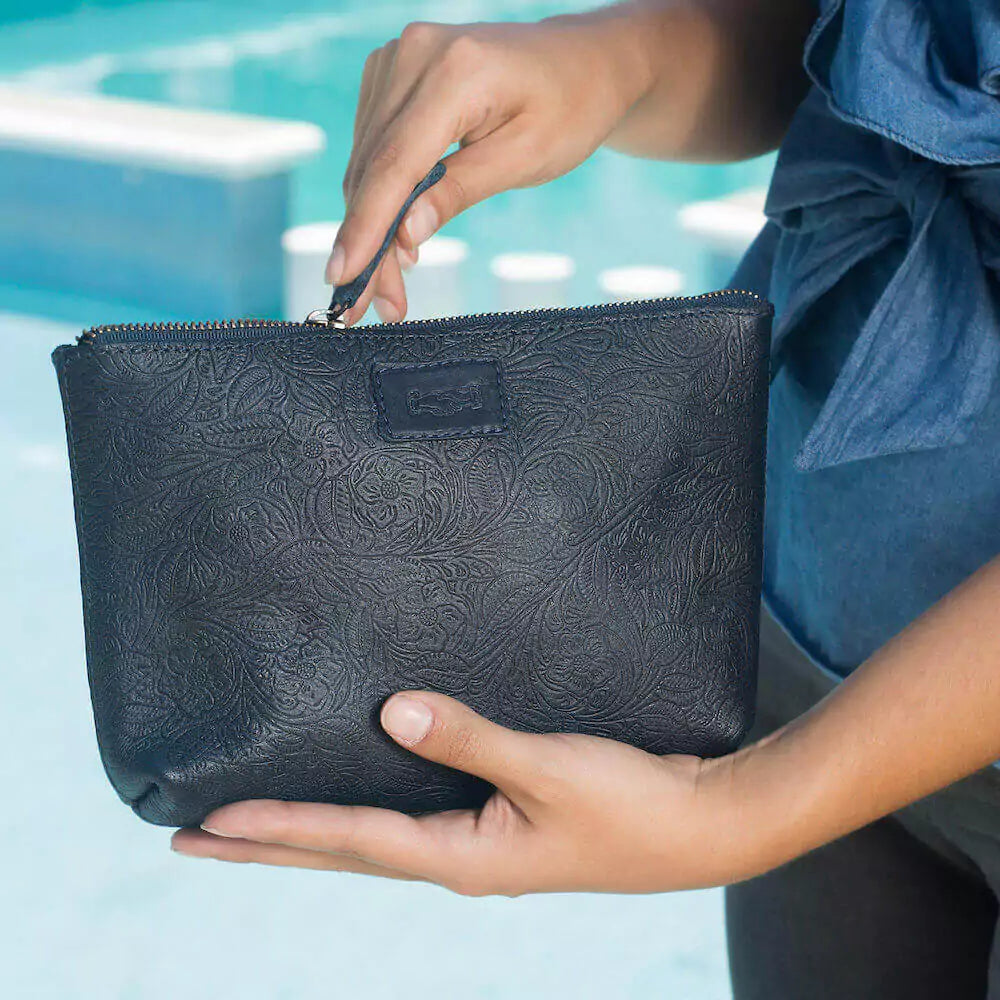 Tooled Leather Large Zippered Pouch Mission Mercantile Leather Goods