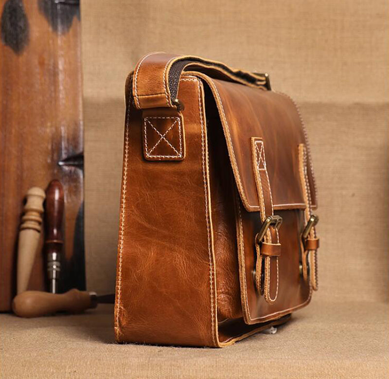 Mens Leather Messenger Bag Full Grain Leather Distressed Leather Crossbody Bag Mens Work Briefcase Handmade Shoulder Bag RockCow Leather Studio