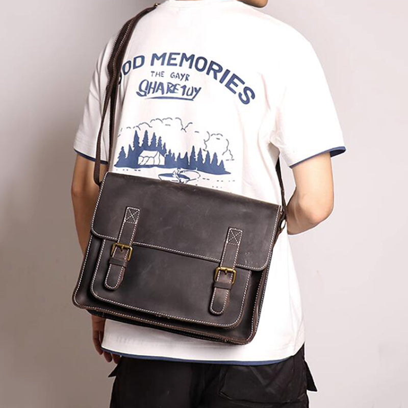 Mens Leather Messenger Bag Full Grain Leather Distressed Leather Crossbody Bag Mens Work Briefcase Handmade Shoulder Bag RockCow Leather Studio