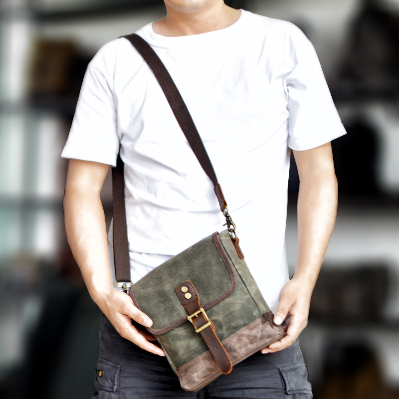 Mens Waxed Canvas Messenger Bag Full Grain Leather With Canvas Shoulder Bag Crossbody Bag Gift For Him MC6070 RockCow Leather Studio