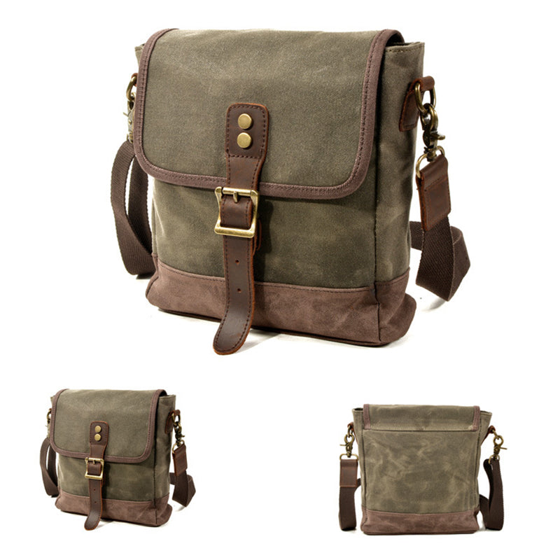 Mens Waxed Canvas Messenger Bag Full Grain Leather With Canvas Shoulder Bag Crossbody Bag Gift For Him MC6070 RockCow Leather Studio
