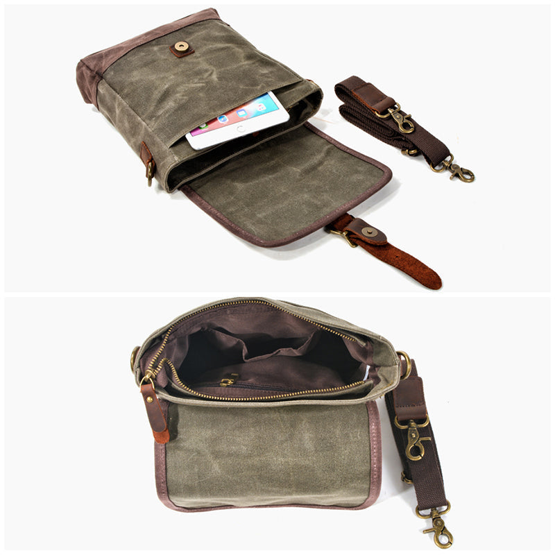 Mens Waxed Canvas Messenger Bag Full Grain Leather With Canvas Shoulder Bag Crossbody Bag Gift For Him MC6070 RockCow Leather Studio