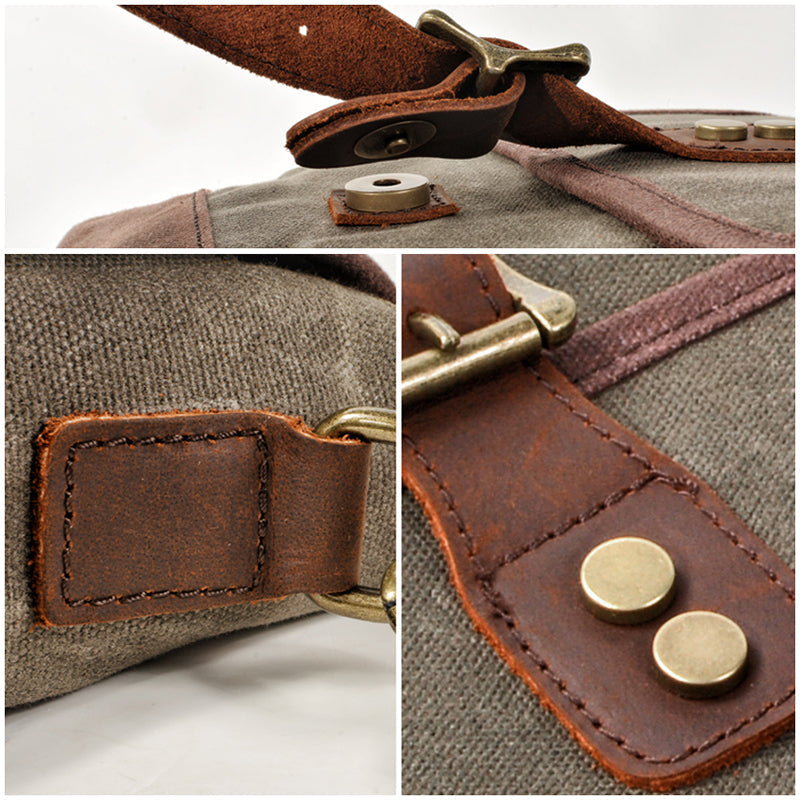 Mens Waxed Canvas Messenger Bag Full Grain Leather With Canvas Shoulder Bag Crossbody Bag Gift For Him MC6070 RockCow Leather Studio