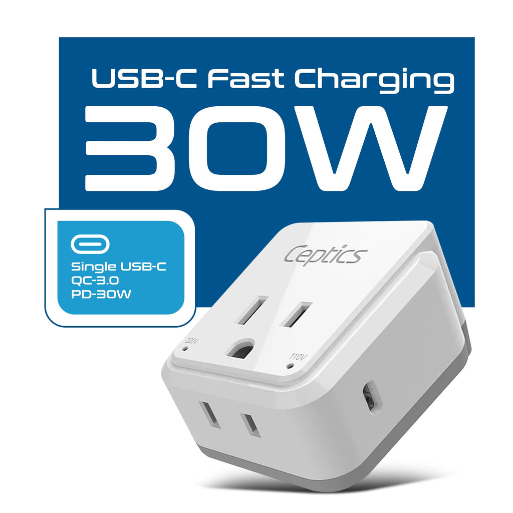 Travel Adapter Set | Type A, B, C, E/F, G, I - USB-C Port with PD + 2 US Outlets (PAK-30-WS) Ceptics