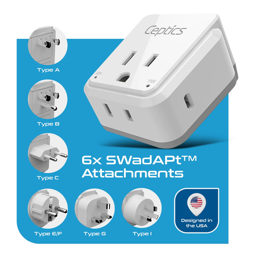 Travel Adapter Set | Type A, B, C, E/F, G, I - USB-C Port with PD + 2 US Outlets (PAK-30-WS) Ceptics