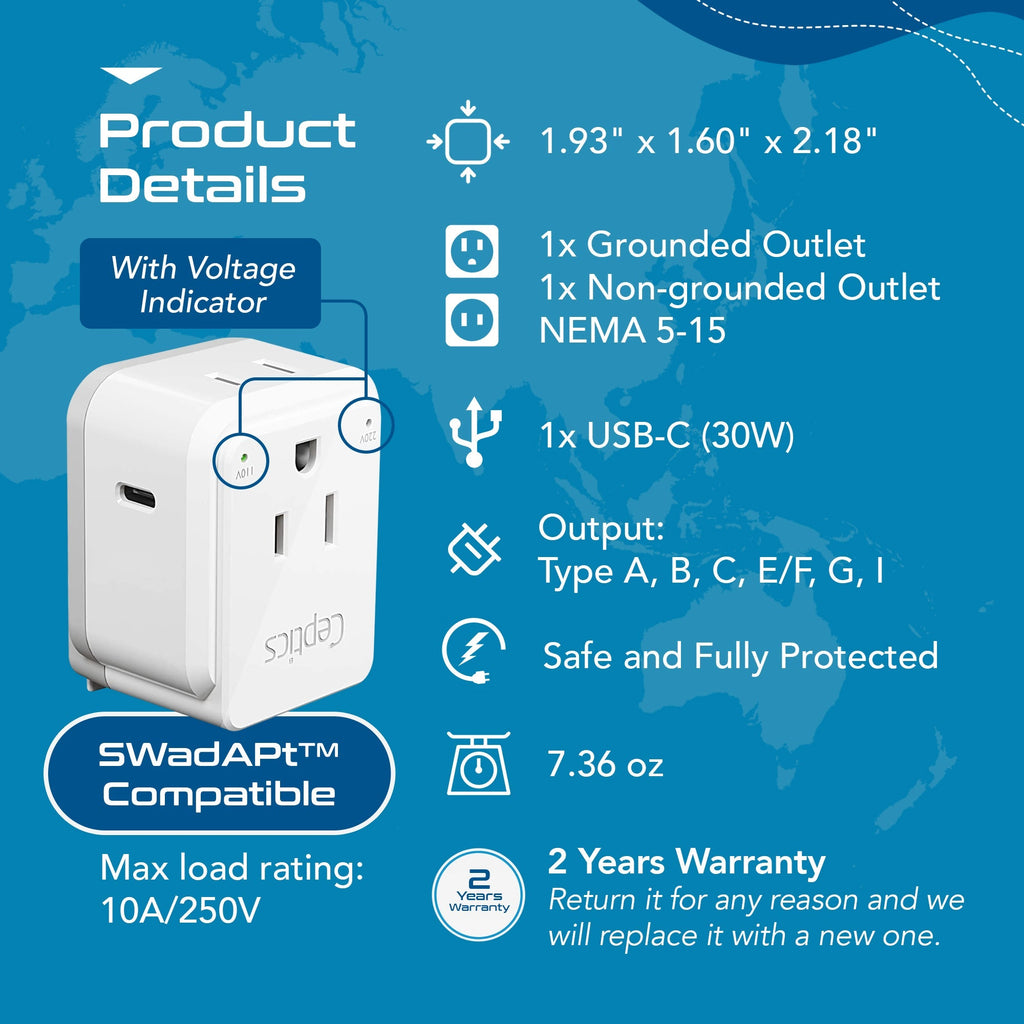 Travel Adapter Set | Type A, B, C, E/F, G, I - USB-C Port with PD + 2 US Outlets (PAK-30-WS) Ceptics