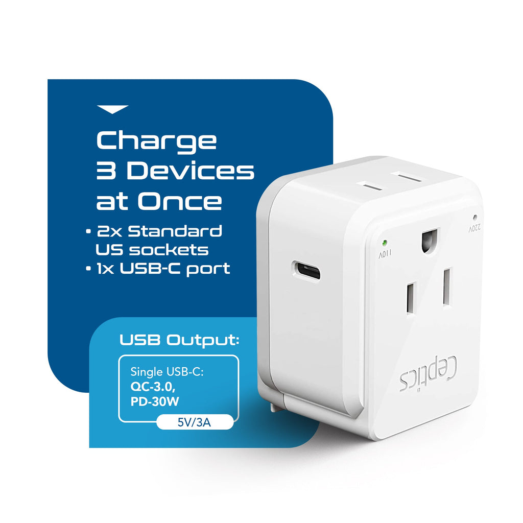 Travel Adapter Set | Type A, B, C, E/F, G, I - USB-C Port with PD + 2 US Outlets (PAK-30-WS) Ceptics