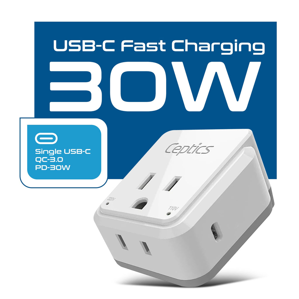 UK, Hong Kong, Travel Plug Adapter | Type G - USB-C Ports + 2 US Outlets (PAK-30W-7) Ceptics