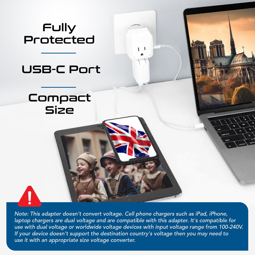 UK, Hong Kong, Travel Plug Adapter | Type G - USB-C Ports + 2 US Outlets (PAK-30W-7) Ceptics