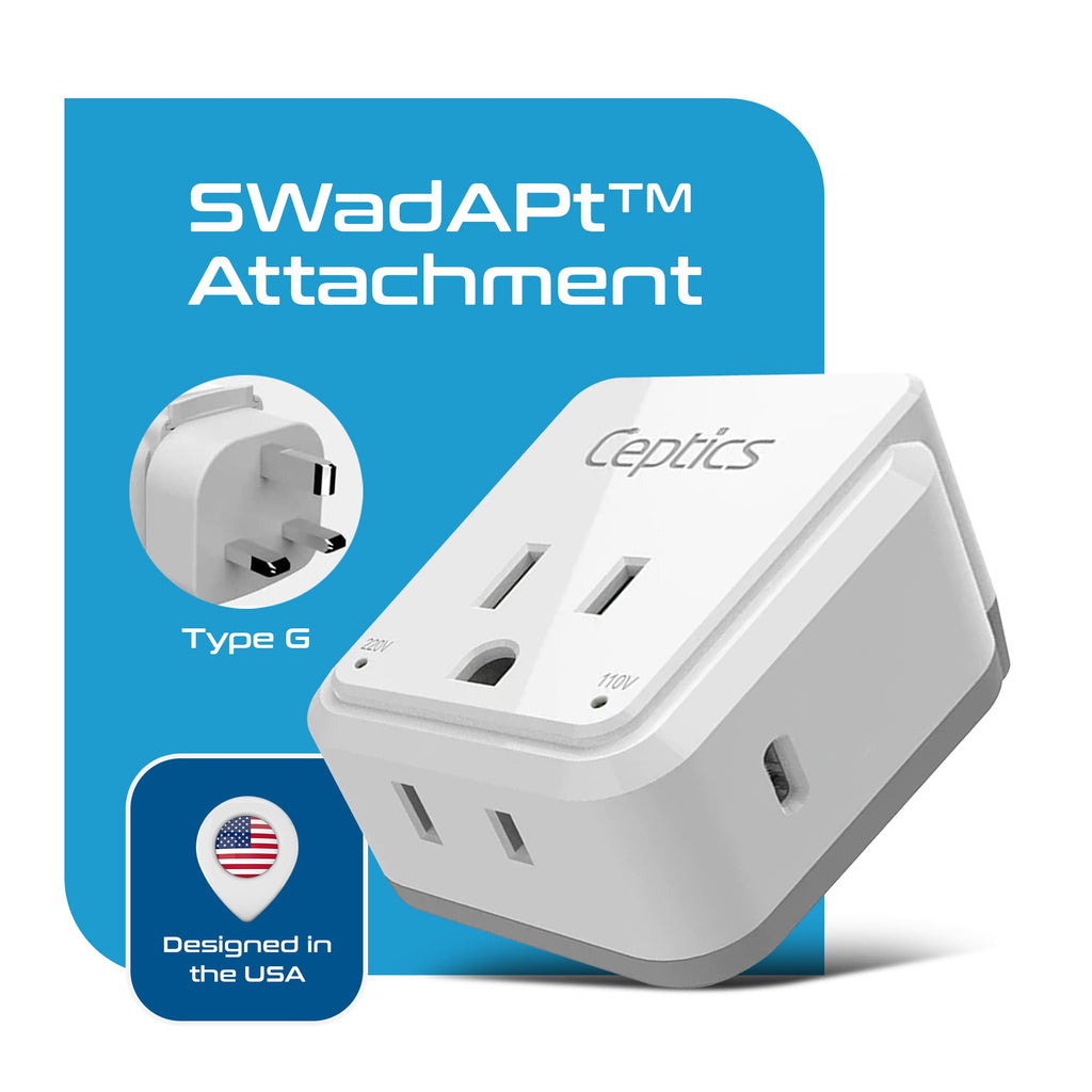 UK, Hong Kong, Travel Plug Adapter | Type G - USB-C Ports + 2 US Outlets (PAK-30W-7) Ceptics