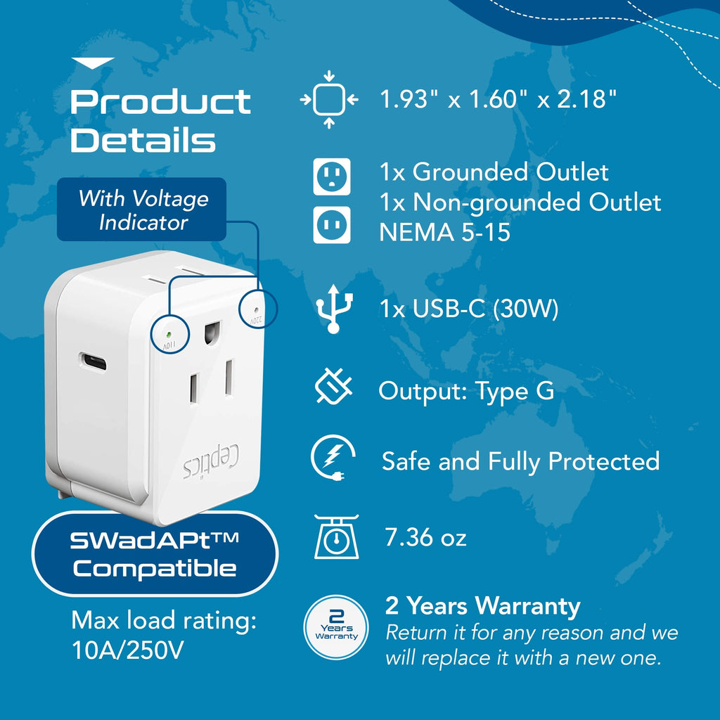 UK, Hong Kong, Travel Plug Adapter | Type G - USB-C Ports + 2 US Outlets (PAK-30W-7) Ceptics