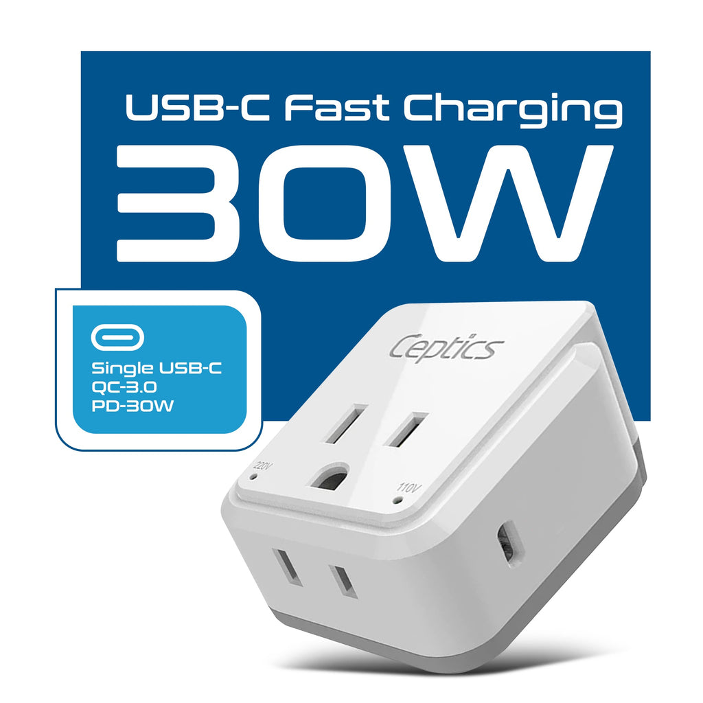 European travel Plug Adapter | Type C - USB C Port + 2 US Outlets (PAK-30W-9C) Ceptics