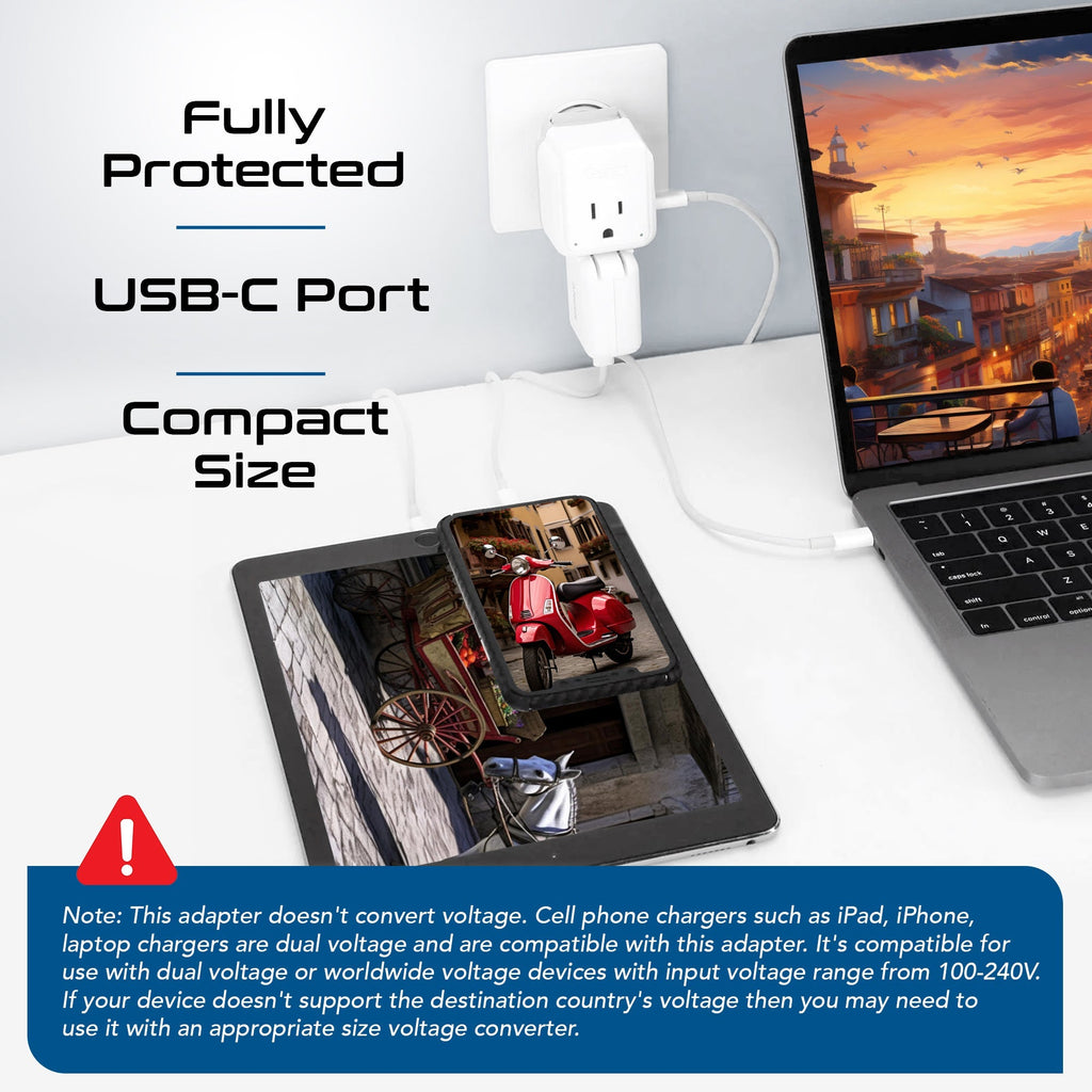 European travel Plug Adapter | Type C - USB C Port + 2 US Outlets (PAK-30W-9C) Ceptics