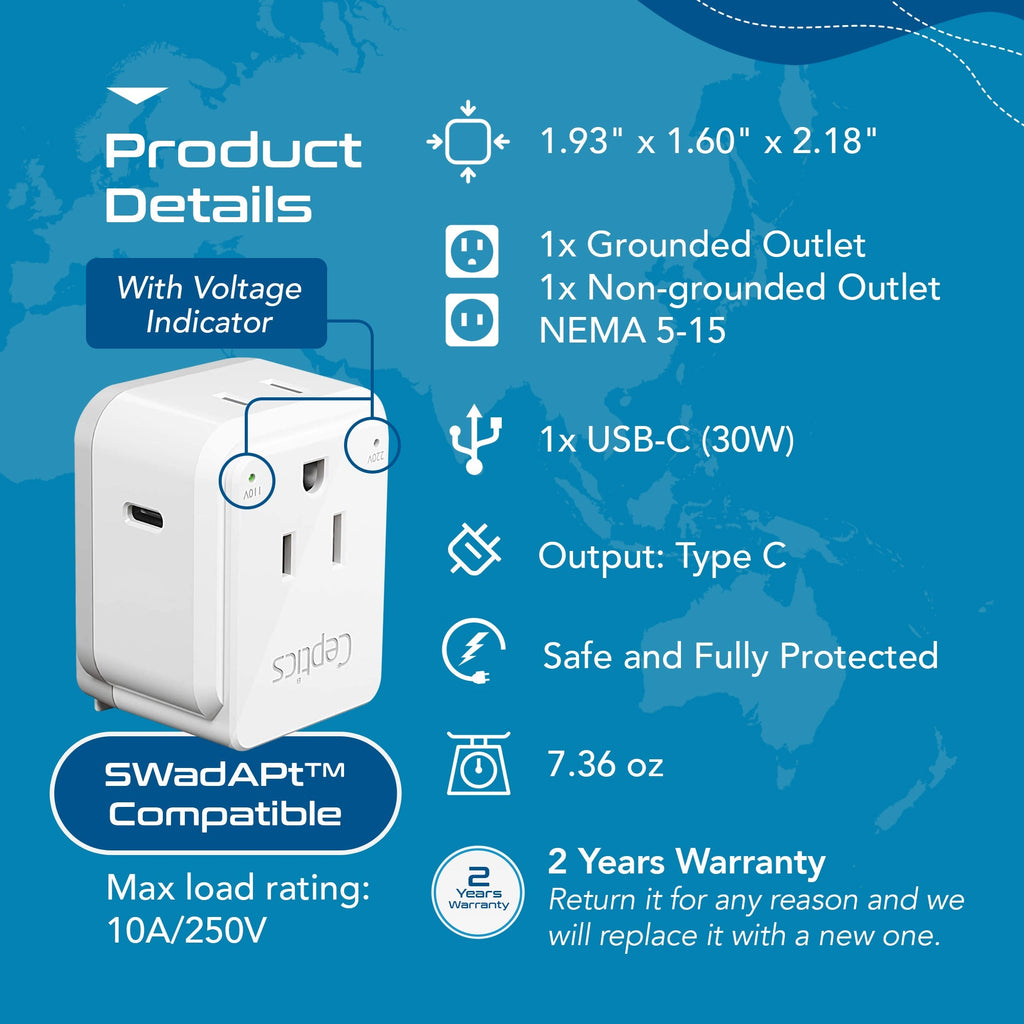 European travel Plug Adapter | Type C - USB C Port + 2 US Outlets (PAK-30W-9C) Ceptics