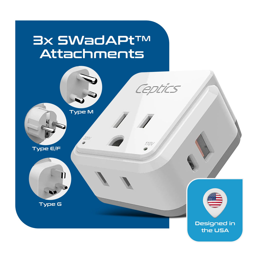 Africa Travel Adapter Set | Type E/F, G, M - USB & USB-C Ports + 2 US Outlets (PAK-AF) Ceptics