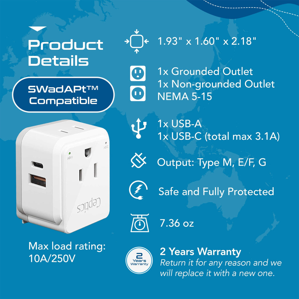 Africa Travel Adapter Set | Type E/F, G, M - USB & USB-C Ports + 2 US Outlets (PAK-AF) Ceptics