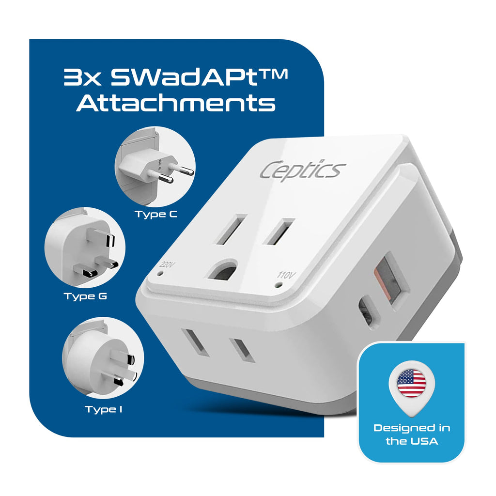 Asian, China, Malaysia Travel Adapter Set | Type C, G, I - USB & USB-C Ports + 2 US Outlets (PAK-AS) Ceptics