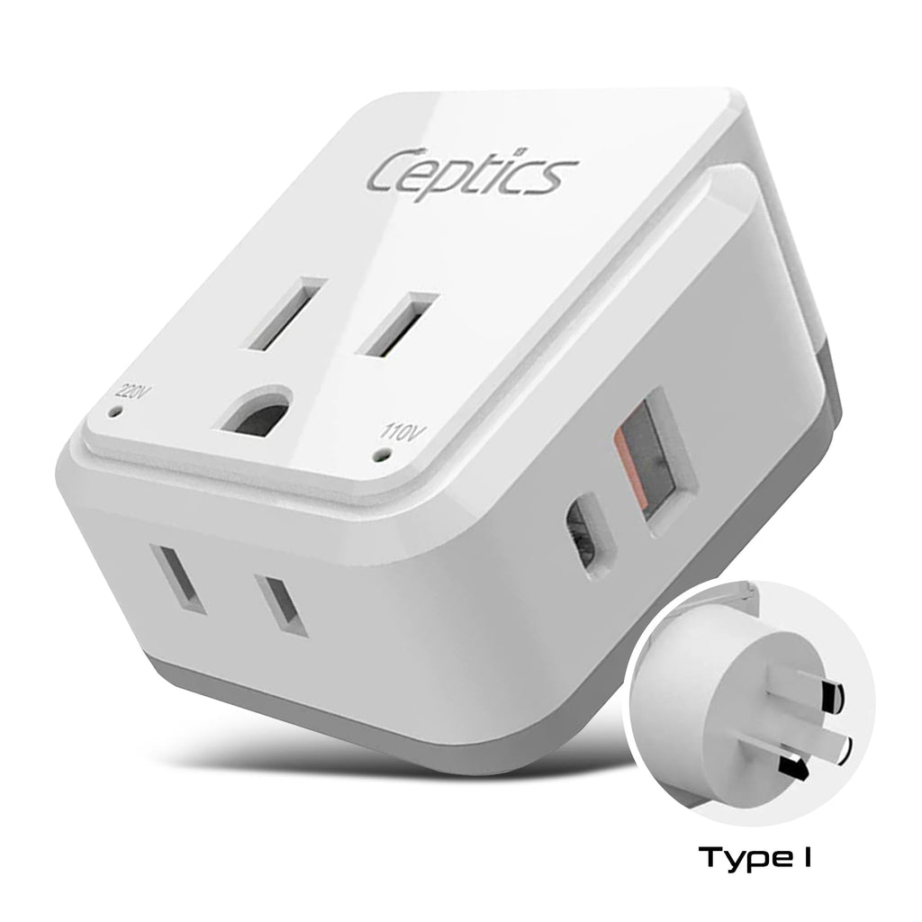 Australia, China, New Zealand Travel Adapter | Type I - USB & USB-C Ports + 2 US Outlets (PAK-AU) Ceptics