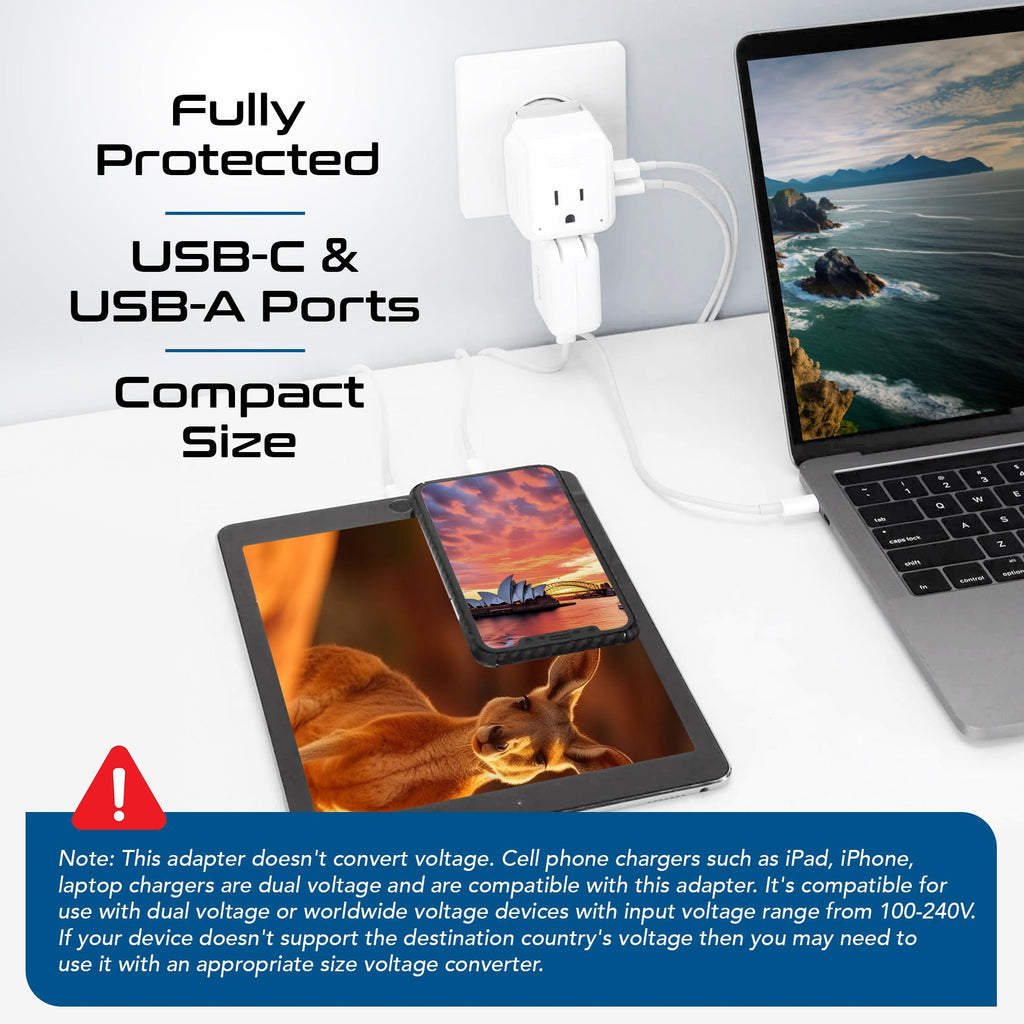 Australia, China, New Zealand Travel Adapter | Type I - USB & USB-C Ports + 2 US Outlets (PAK-AU) Ceptics