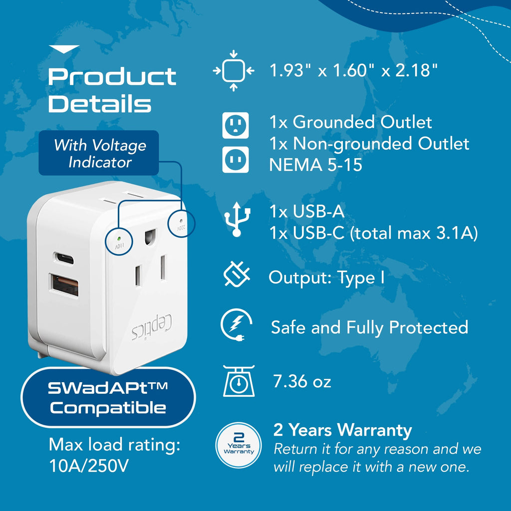 Australia, China, New Zealand Travel Adapter | Type I - USB & USB-C Ports + 2 US Outlets (PAK-AU) Ceptics