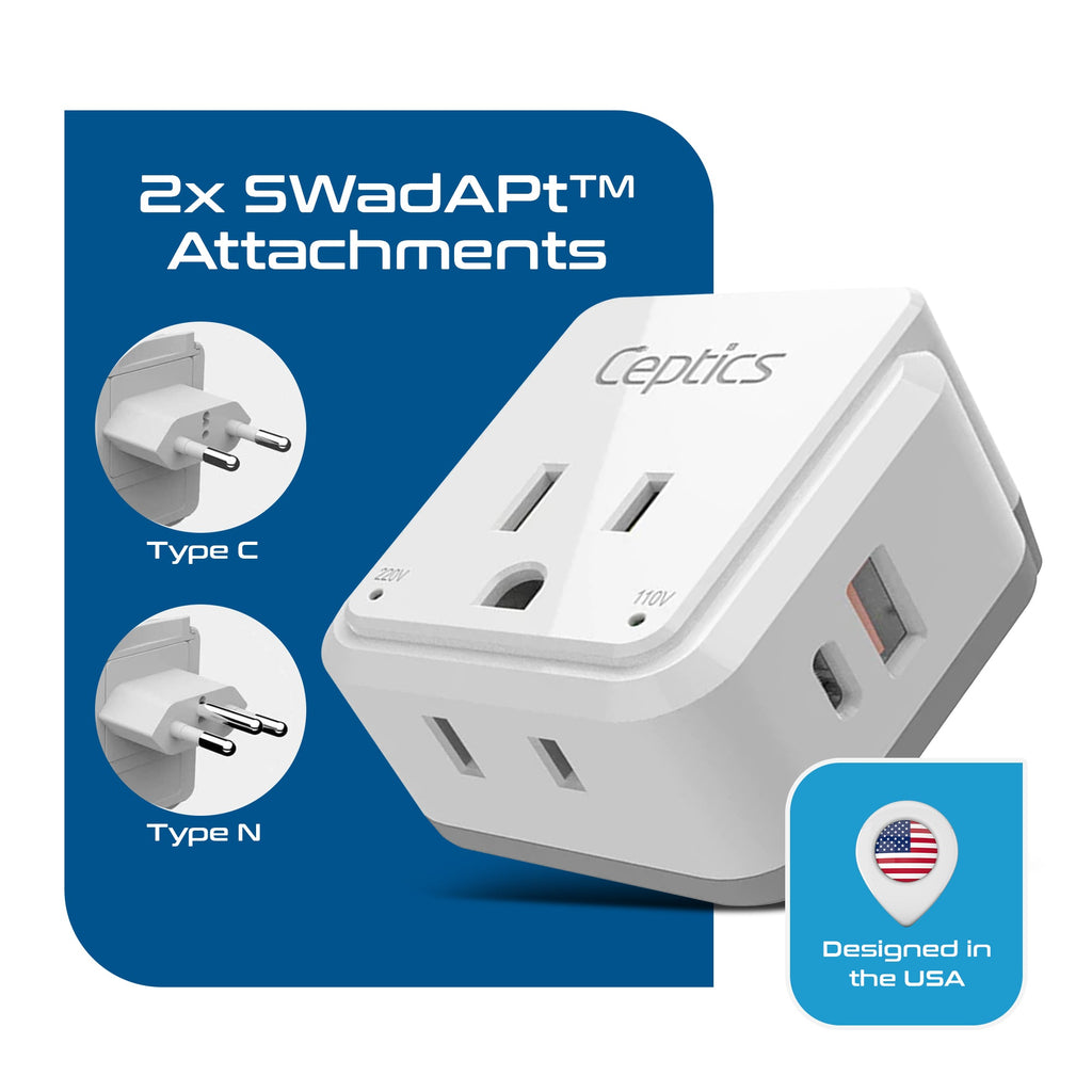 Brazil Travel Plug Adapter Set | Type C, N - 1 USB & 1 USB-C 3.1A + 2 USA Socket (PAK-BR) Ceptics