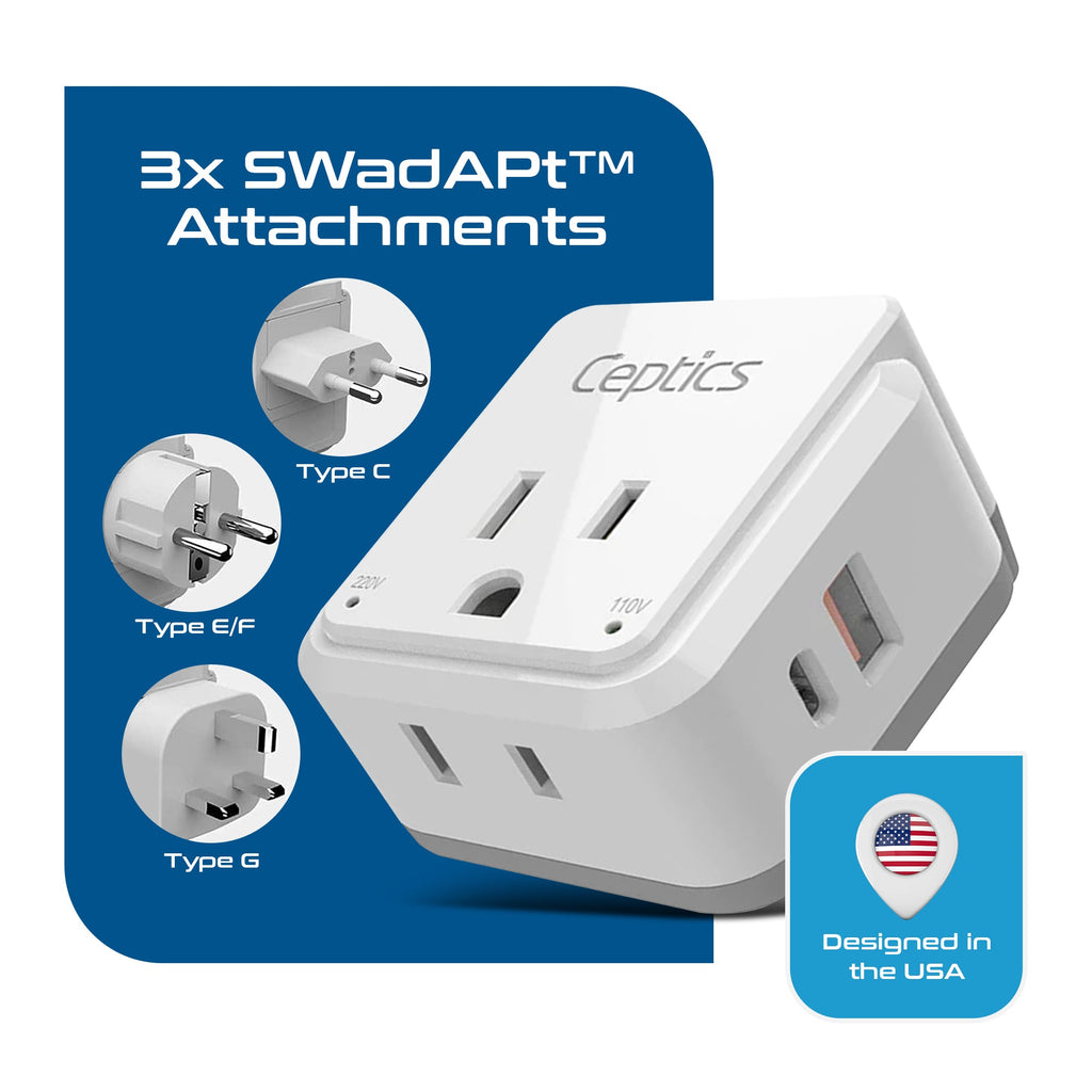 Travel Adapter Kit | Type C, E/F, G - USB & USB-C Ports + 2 US Outlets (PAK-EU) Ceptics