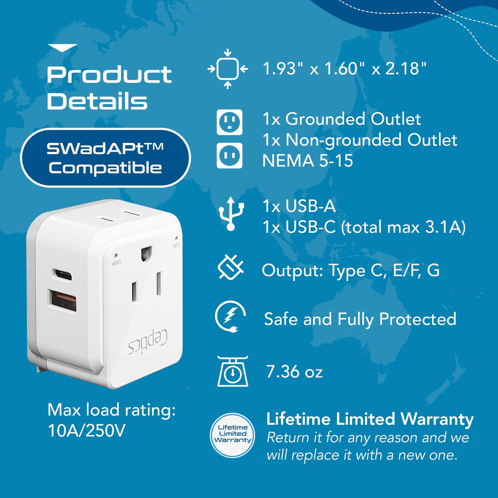 Travel Adapter Kit | Type C, E/F, G - USB & USB-C Ports + 2 US Outlets (PAK-EU) Ceptics