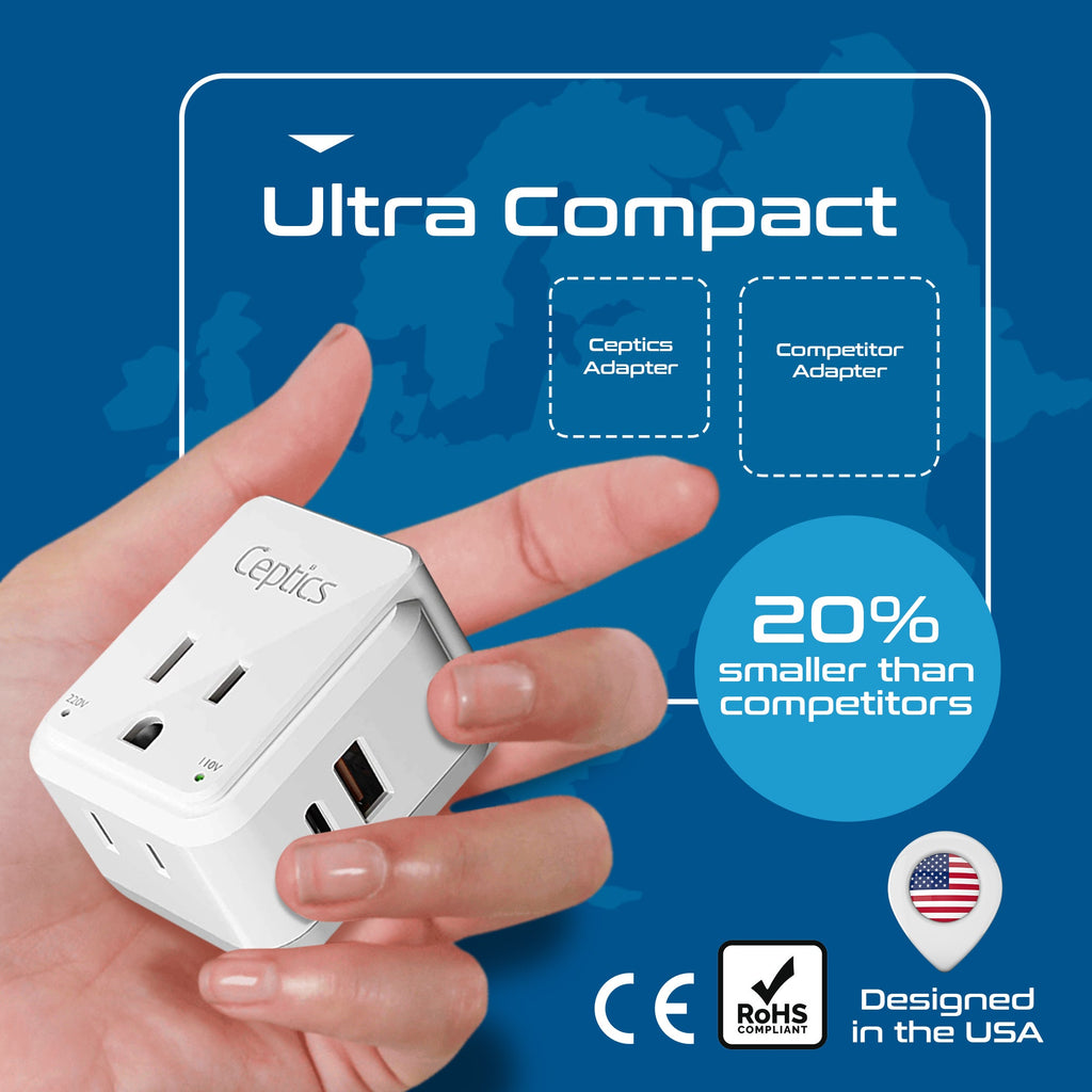 Travel Adapter Kit | Type C, E/F, G - USB & USB-C Ports + 2 US Outlets (PAK-EU) Ceptics